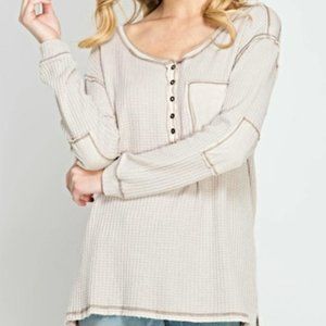 She & Sky Long Sleeve Waffle Henley Top CREAM Small